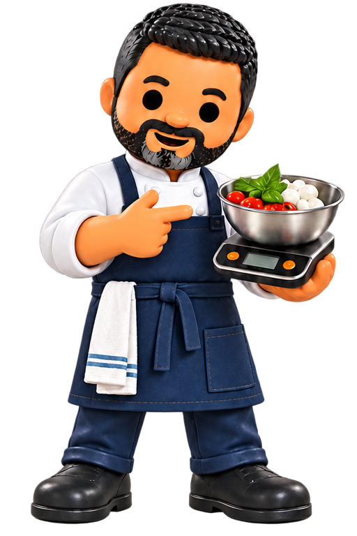 Mascote do GastroSaber pesando ingredientes em uma balança digital