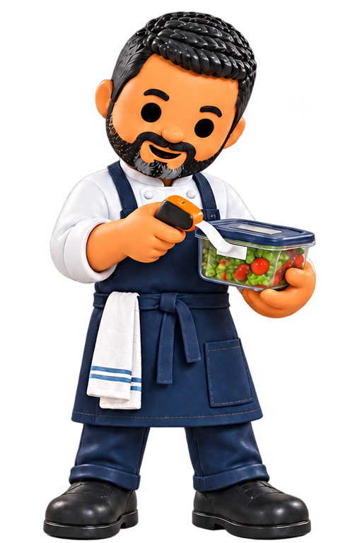 Mascote do GastroSaber usando uma etiquetadora em um recipiente