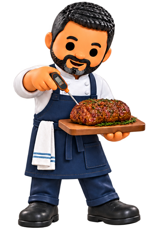 Mascote do GastroSaber usando um termômetro culinário em uma carne